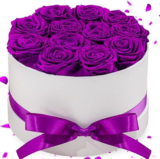 Preserved Roses in a Box, Blooming Real Roses Decor, Eternal Flowers for Delivery Prime, Best Gifts Birthday, Wedding, Anniversary, Mother's Day for Her, 12-Pieces (Purple)