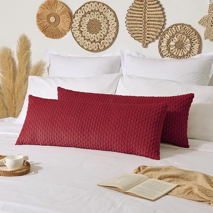 Kevin Textile 20x54 Inch Long Body Lumbar 1 Pack Boho Decorative Throw Pillow Cover Soft Striped Corduroy Rectangle Cushion Case Farmhouse Accent for Living Room Couch Sofa Bed, Burgundy
