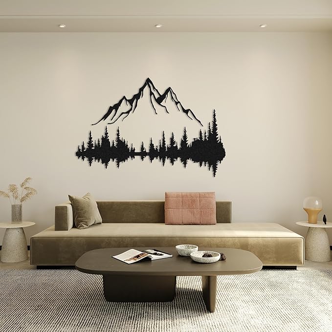 Mountain Lake Forest Large Metal Wall Art Black Minimalist Nature Silhouette Wall Decor Outdoor Landscape Wall Sculpture (27.6x18.4 inches / 70x47 cm)