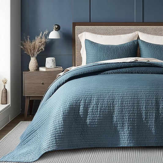 EVERGRACEHOME Cotton Sateen Quilt Set King Size, Pre-Washed Cotton Channel Stitch Coverlet Bedspread, 3 Pieces Lightweight Soft Bedding Sets for All Season, with 2 Pillow Shams, Sonoma Blue