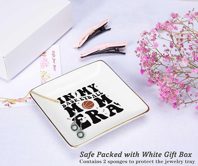 NZY Mother's Day Birthday Christmas Gifts for Mama-Ceramic Jewelry Tray Trinket Holder Ring Dish-Basketball Coach Gifts,in My Basketball Mom Era,Game Day Presents for Mom,Sport Mother Present