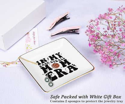 NZY Mother's Day Birthday Christmas Gifts for Mama-Ceramic Jewelry Tray Trinket Holder Ring Dish-Basketball Coach Gifts,in My Basketball Mom Era,Game Day Presents for Mom,Sport Mother Present