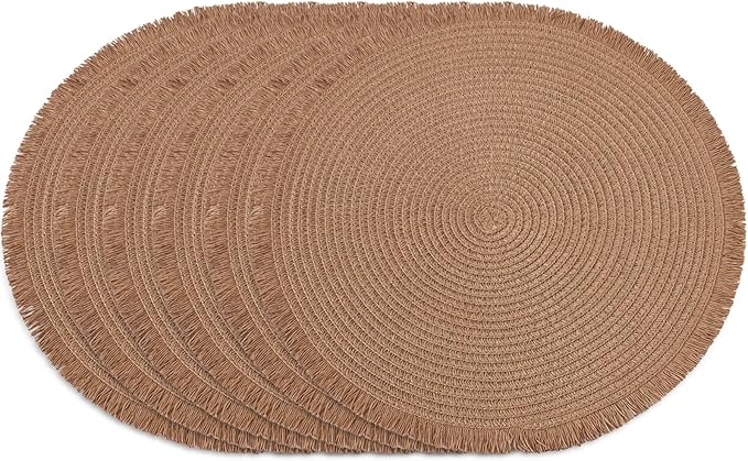 15 Inch Set of 6 Round Woven Placemats Braided Paper Heat Resistant Table Mats with Tassel Boho Indoor Outdoor Table Placemats for Dining Tables (Brown)