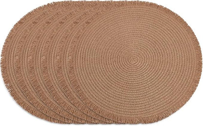 15 Inch Set of 6 Round Woven Placemats Braided Paper Heat Resistant Table Mats with Tassel Boho Indoor Outdoor Table Placemats for Dining Tables (Brown)