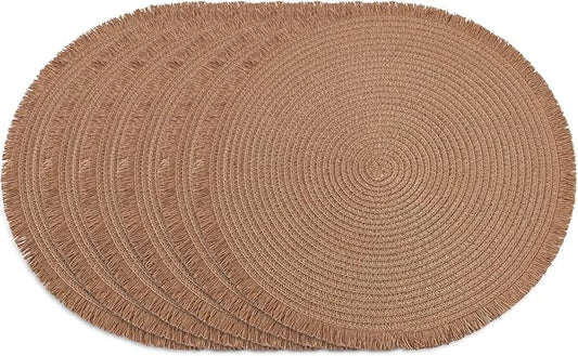 15 Inch Set of 6 Round Woven Placemats Braided Paper Heat Resistant Table Mats with Tassel Boho Indoor Outdoor Table Placemats for Dining Tables (Brown)