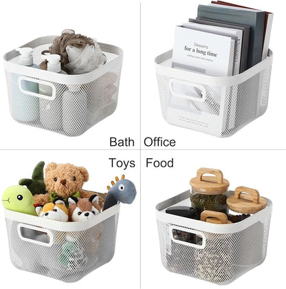 6 Pack Metal Mesh Basket with Hollow Handles White Wire Storage Bin for Organizing Stackable Metal Fine Mesh Basket for Pantry Bathroom Kitchen Cabinets Shelves