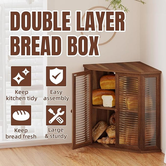 Corner bread box Bread Box for Kitchen Countertop - Corner Bread Storage Box 16.51" H, Premium Acacia Wood with Glass Door, Perfect for Homemade Bread, Baguettes & Pastries(Acacia wood)