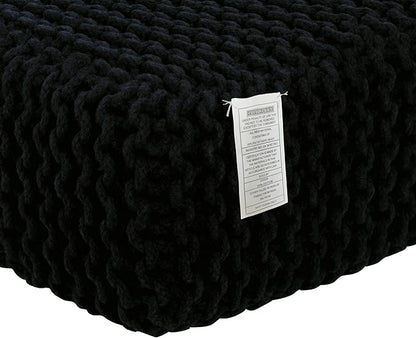 COTTON CRAFT Braided Footrest - Handknitted Cotton Cord Dori Foot Stool Ottoman - Low Floor Pouf - Lightweight Portable - Small Spaces Living Room Bedroom Entryway Under Desk - 14 x 8 Square - Black