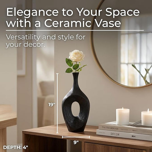 Decorative Flower Vase for Home Decor – Tall Ceramic Vase with Open Cut Design, Stylish Table Centerpiece for Living Room or Entry Display, Modern Accent for Faux Flowers and Greenery – 19", Black