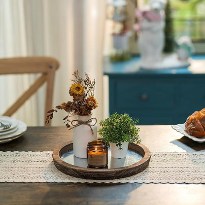 Hanobe Candle Plate Holder Tray: Round Wood Decorative Candle Plate - Rustic Farmhouse CoffeeTable Decor - Tealight Pillar Trays for Home Decor (Distressed Mirror)
