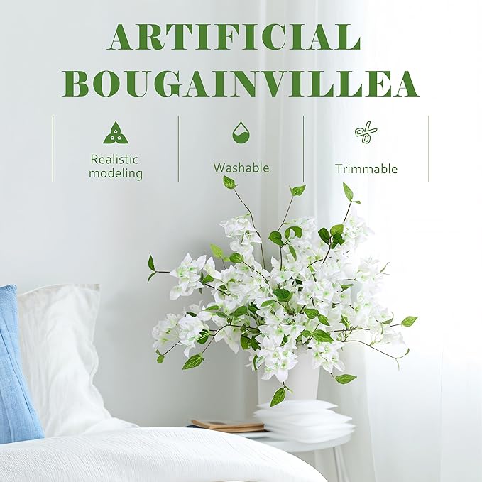 10PCS Bougainvillea Artificial Flowers 30" Silk Fake Bougainvillea Branches Faux Flowers Vines for Home，Garden，Wedding，Party，Indoor and Outdoor，Floral Arrangement and DIY Decor（White）