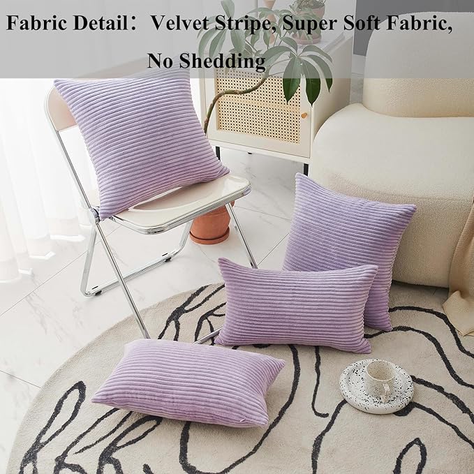 Home Brilliant Purple Pillow Cover Set Solid Supersoft 2 Pieces Corduroy Handmade Decorative Velvet Throw Pillows for Bed, 50cm, 20 x 20 Inch, Lavender