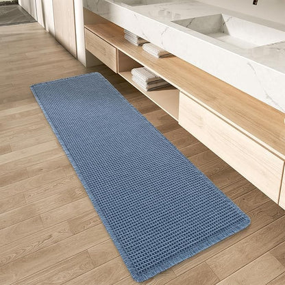 AMOAMI Upgraded Waffle Runner Rug Super Absorbent Non Slip Bath Mats for Bathroom Machine Washable Bathroom Runner Rug with Tassels, Ideal for Hallway Bedroom Laundry Room, 17" x 72", Blue