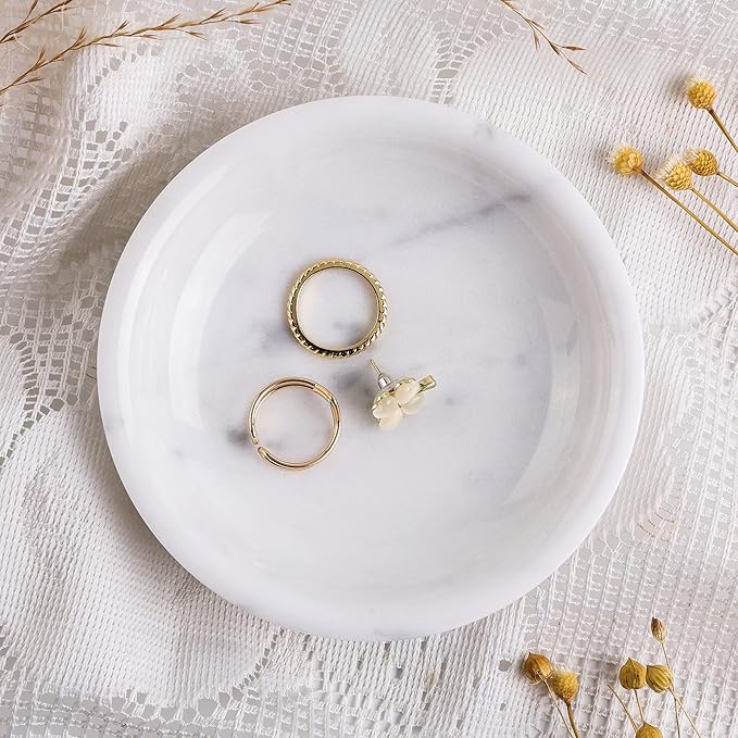 Natural Marble Travertine Ring Dish Jewelry Tray 5.5" for Women, Marble Trinket Dish for Key Earring Nightstand, Mother's Day Engagement Birthday Gift - Italian White