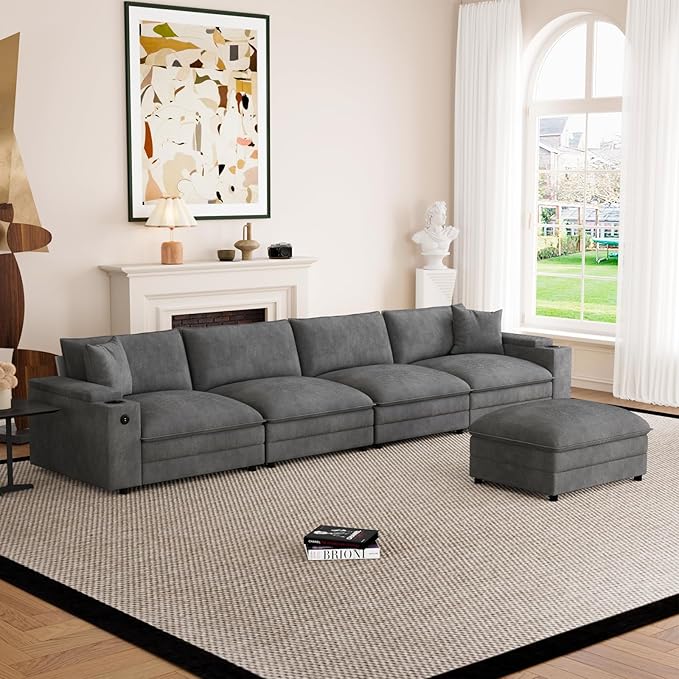 148.7" L Shaped Cloud Sofa Couch with Ottoman, Storage Armrest, Cup Holders, USB & Type-C Ports, Spring Cushions, Solid Wood Frame, Chenille Modular Sectional for Living Room (Dark Gray-L-148.7")