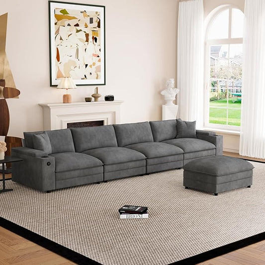 148.7" L Shaped Cloud Sofa Couch with Ottoman, Storage Armrest, Cup Holders, USB & Type-C Ports, Spring Cushions, Solid Wood Frame, Chenille Modular Sectional for Living Room (Dark Gray-L-148.7")