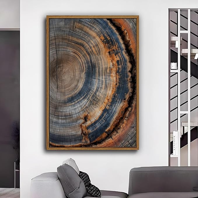 IBHJSART Framed Tree Ring Canvas Wall Art Vintage Colorful Wood Stump Painting Prints Modern Minimalist Pictures Neutral Nature Rustic Farmhouse Decor Living Room Bedroom Bathroom Office