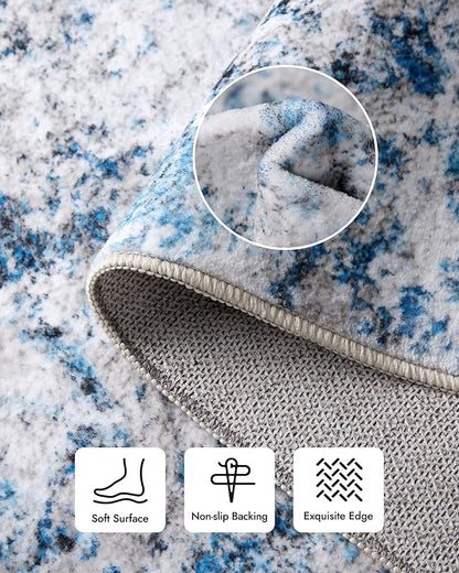 Area Rug for Living Room: 10x14 Washable Neutral Abstract Rug for Bedroom Modern Soft Dining Room Rug No Slip Low Pile Carpet for Nursery Home Office Decor - Grey/Blue