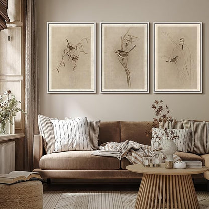 MUDECOR Framed Wall Art Print Set Vintage Bird Wheat Ear Illustrations Modern Art Boho Decorative Colorful Chic for Living Room, Bedroom, Office - 24"x36"x3 White