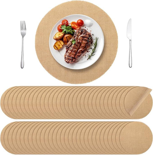 Aneco 100 Pieces Round Burlap Placemats 13.78 Inch Reusable Brown Table Mats Heat Resistant Natural Jute Fibers Placemats Burlap Circle Rustic Table Decorations for Dinner Holiday Farmhouse Decor