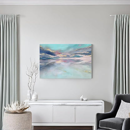 Goldfoilart Beach Abstract Wall Art Teal Green and Gold Decor Ocean Canvas Pictures Painting Framed Artwork for Living Room Bedroom Office Decorations 36"x24"
