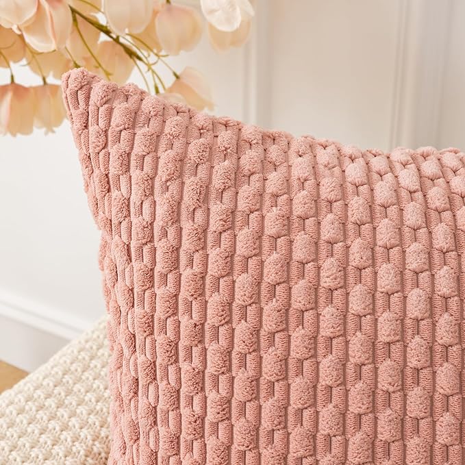 Kevin Textile Throw Pillow Covers Soft Corduroy Decorative Set of 2 Boho Striped Pillow Covers Valentines Day Pillowcases Farmhouse Home Decor for Couch Bed Sofa Living Room 22x22 Inch Baby Pink