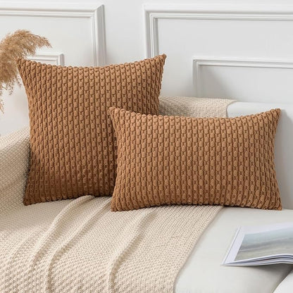 Kevin Textile Throw Pillow Covers Soft Corduroy Decorative Set of 2 Boho Striped Pillow Covers Pillowcases Farmhouse Home Decor for Couch Bed Sofa Living Room 20x20 Inch Khaki