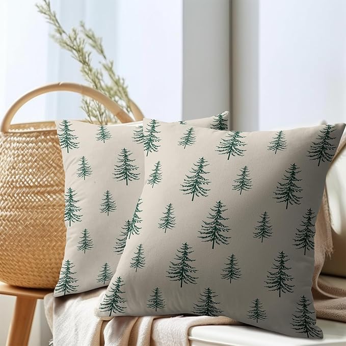 Christmas Tree Pillow Covers 20x20 Set of 2 Green Xmas Vintage Winter Print Decorative Outdoor Linen Zipper Throw Pillows Cases Cushion Cover Rustic Holiday Decoration Farmhouse Sofa Couch Bed Decor