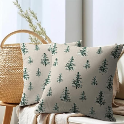 Christmas Tree Pillow Covers 22x22 Set of 2 Green Xmas Vintage Winter Print Decorative Outdoor Linen Zipper Throw Pillows Cases Cushion Cover Rustic Holiday Decoration Farmhouse Sofa Couch Bed Decor