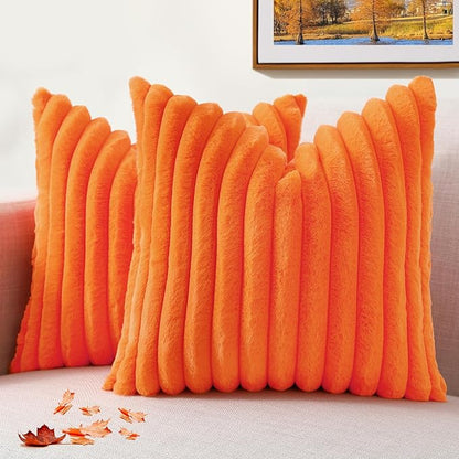 decorUhome Faux Fur Spring Throw Pillow Covers 18x18 Set of 2, Decorative Soft Plush Striped Neutral Couch Pillow Covers with Velvet Back for Sofa, Bed, Living Room Home, Orange