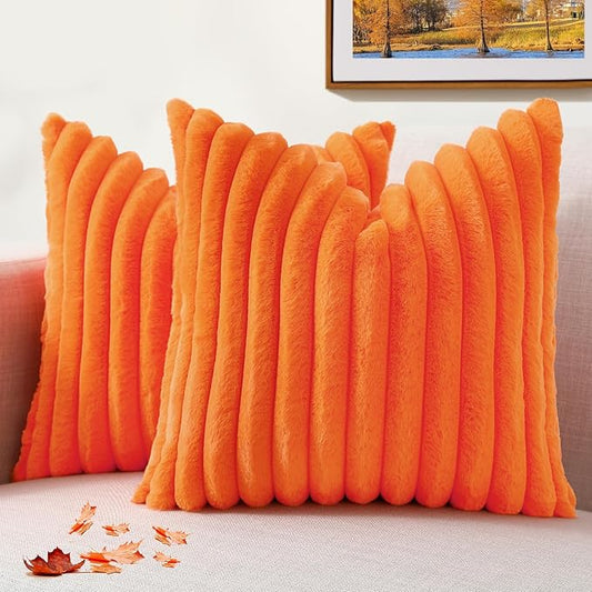 decorUhome Faux Fur Spring Throw Pillow Covers 18x18 Set of 2, Decorative Soft Plush Striped Neutral Couch Pillow Covers with Velvet Back for Sofa, Bed, Living Room Home, Orange