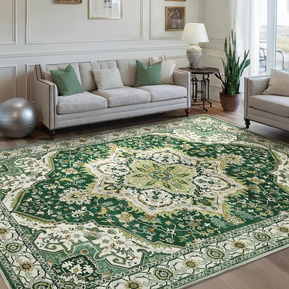 Area Rugs 5x7 - Machine Washable Vintage Oriental Soft Rug, Low Pile Thin Floor Carpet with Non Slip Backing for Living Room, Bedroom,Dorm, Kitchen, Indoor House, Office Rolling Chair