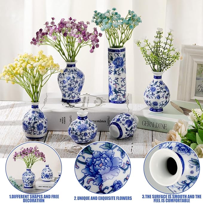 Dandat 8 Pcs Mini Chinoiserie Bud Vases Ceramic Blue and White Floral Chinese Porcelain Vase Set for Shelf Table Centerpieces Home Decor(Vintage)