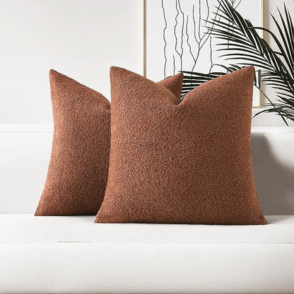 HAUSSY Set of 2 18x18 Decorative Throw Pillow Covers, Soft Cozy Textured Boucle Couch Cases, Home Decor for Couch Bed Living Room, Rust