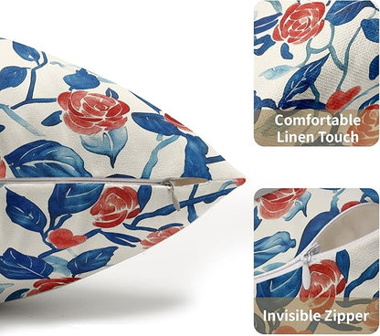 Valentines Day Pillow Covers 12x20 Set of 2 Blue Red Floral Throw Pillow Covers Flower Pillowcase Linen Decoration Farmhouse Holiday Cozy Soft Cushion Case Couch for Indoor Outdoor Home Decor