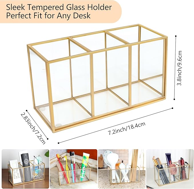 Pencil Holder for Desk,Tempered Glass Pen Holder,3&4 Compartments,Desktop Storage Organizer for Office Supplies,School Supplies,Pens,Markers,Pencils,Scissors,Paperclips (Gold, 3 compartments)