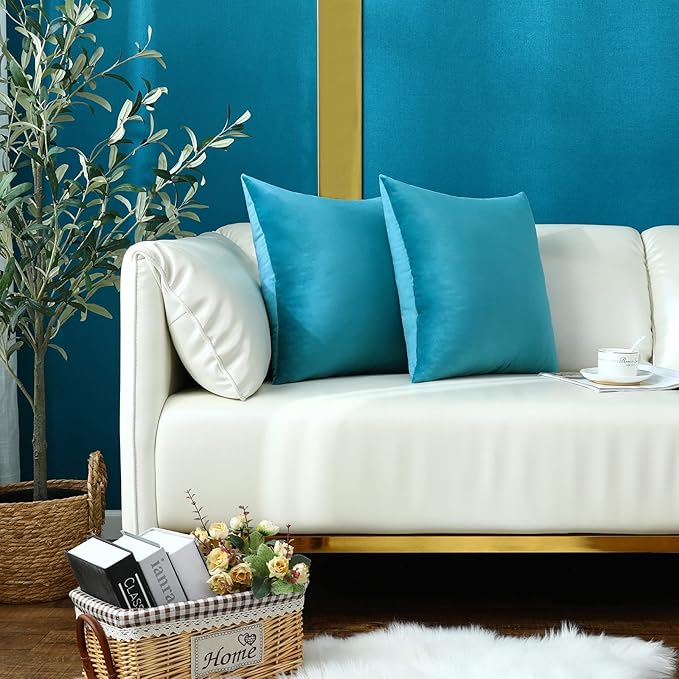 mixeoo Comfy Dark Turquoise Decorative Throw Pillow Covers Square Velvet Super Soft Cushion Cases Home Decor for Living Room, Set of 2, 20 x 20 Inch