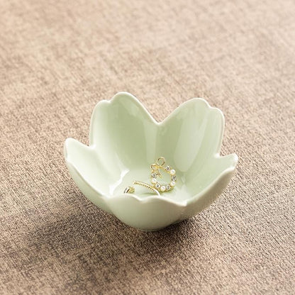 Floral Ceramic Jewelry Tray - 3.5" Elegant Ring Holder Dish & Trinket Bowl for Vanity Dresser Decor (green)