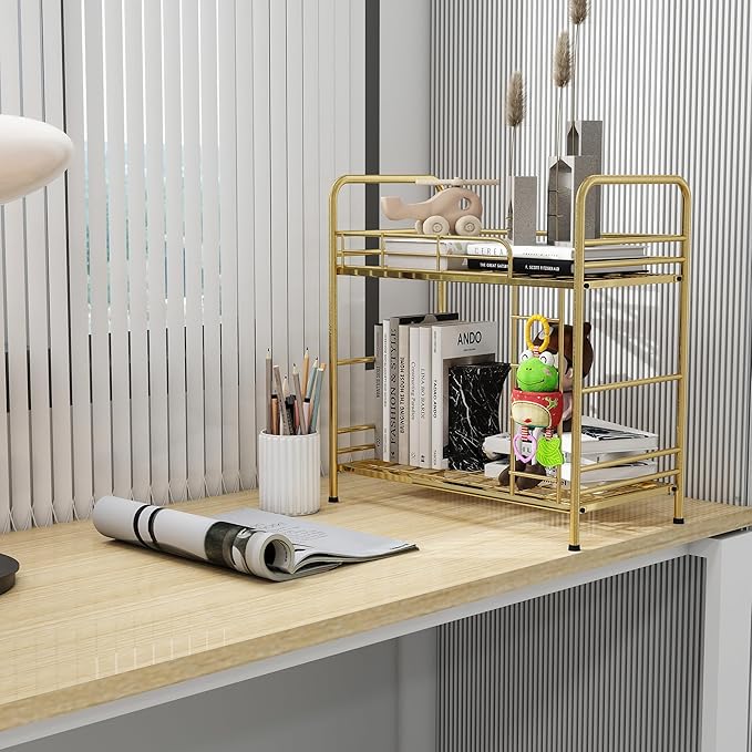 Desk Organizer Storage and Frees Up The Space of The Desk, Metal Small Bookshelf with Bunk Bed Design,Small Desk Organizer 9x2.5x17.7 Inch
