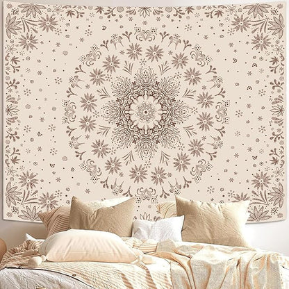 Fowocu Boho Floral Mandala Tapestry Wall Hanging Bohemian Flower Medallion Tapestry Aesthetic Beige Brown Hippie Indian Small Tapestries for Bedroom Living Room Dorm Decor 48 x 36 Inch