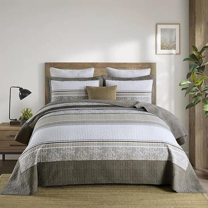 Oversized King Bedspread Quilt 120" x 120", 100% Cotton Lightweight Bed Spreads Coverlet Set Farmhouse Bedding Cover, 3 Piece, Brown/Gray/Beige