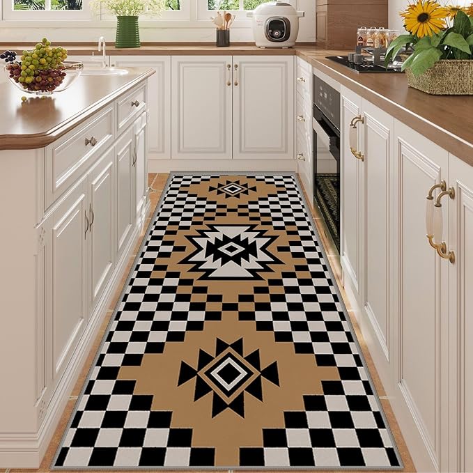 Western Aztec Long Hallway Rug Runners, 2x8ft, Modern Brown Diamond Check Area Carpet for Living Room, Easy Clean Fade Resistant Durable Foldable Pet Friendly Rugs for Front Door