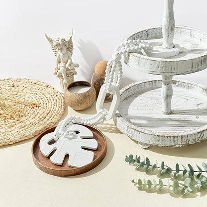Unique Wood Beads with Chain Link and Leaf, Decorative Beads Home Decor, Knot Beaded Garland Decor, Housewarming Gift, White