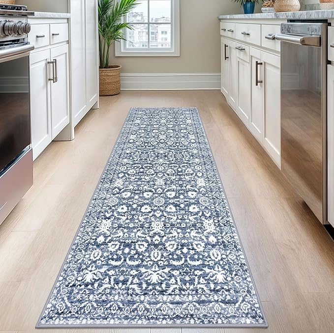 Vintage Floral 2.6x8 Runner Rug, Light Blue White Washable Kitchen Runner Rug Non-Slip Hallway Rug Runner Thin Printed Faux Wool Super Soft Carpet for Entryway Bedroom Laundry Room Indoor