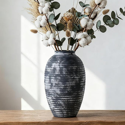 Farmhouse Rustic Ceramic Vase, 10.6 inch Gray-White Textured Modern Weathered Pottery Terracotta Vintage Vases for Home Decor Enterway Coffee Table Mantel Shelf Decorative (Tall - B)