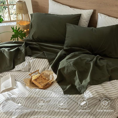 MooMee Bedding Sheet Set 100% Washed Cotton Linen Like Textured Breathable Durable Soft Comfy (Solid Olive Green, Full)