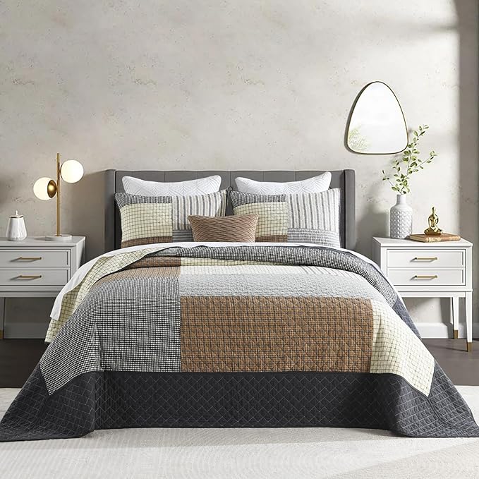 Oversized Quilt Bedspread 120"x120", 100% Cotton Patchwork King Bedspreads Coverlet Set with Pillow Shams, Lightweight Quilted Farmhouse Bedding Cover, Brown/Beige/Gray