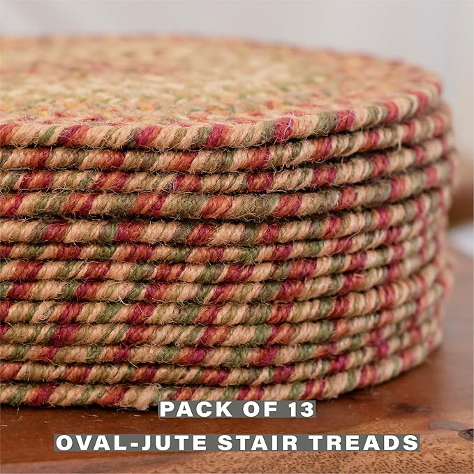 Homespice Harvest Jute Braided Staircase Step Treads, Warm Country Decor, Set of 13, Multicolor 8x28 Oval Rug for Stairs - Easy to Clean, Tightly Stitched and Durable
