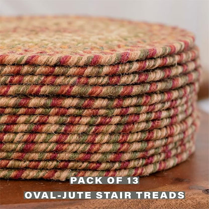 Homespice Harvest Jute Braided Staircase Step Treads, Warm Country Decor, Set of 13, Multicolor 8x28 Oval Rug for Stairs - Easy to Clean, Tightly Stitched and Durable