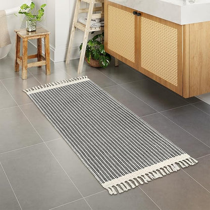 Lahome Boho Bathroom Runner Rug, 2x5 Laundry Room Washable Rugs for Entryway Cotton Grey Area Mat with Tassels, Farmhouse Throw Mats Non Shedding Carpet Runner for Hallway Door